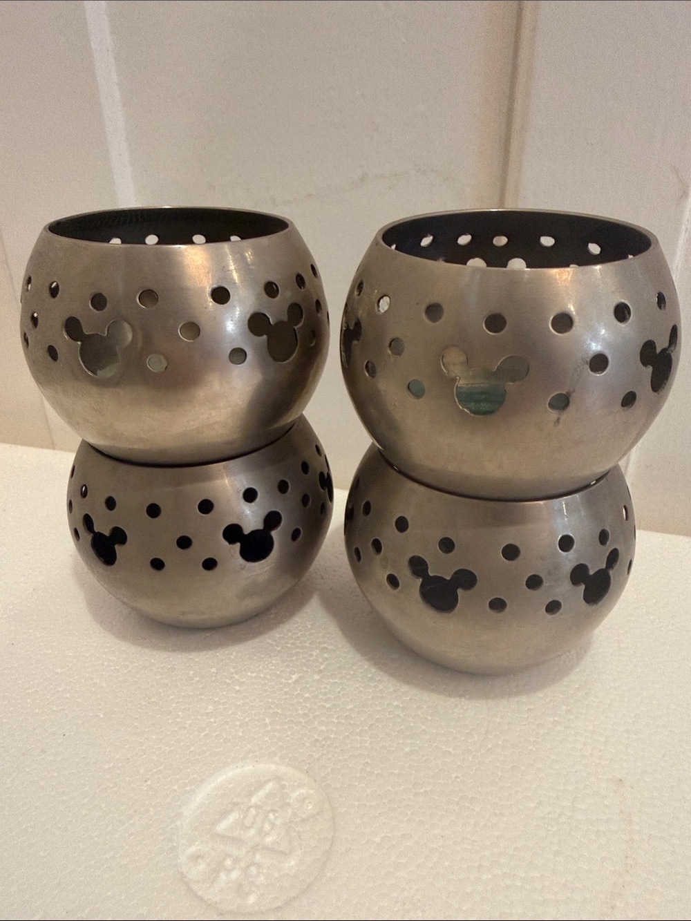 Set of 4 vintage stainless steel Mickey Mouse tea light holders
